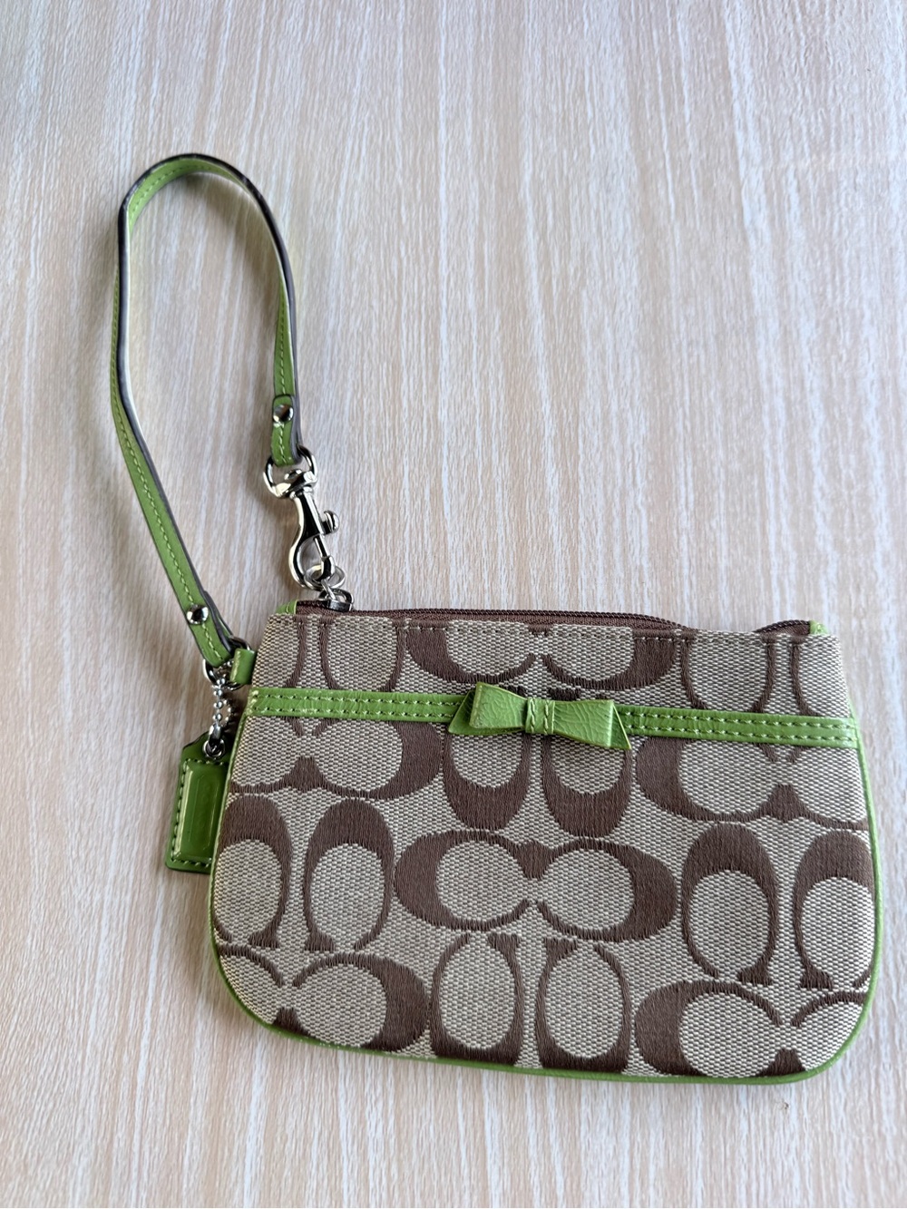 Coach Brown Signature Canvas Wristlet with Green Trim